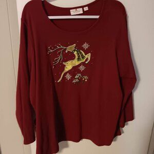 Quacker Factory woman's reindeer top 2X Marone
